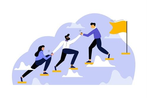 four people climbing a mountain, symbolising teamwork and perseverance